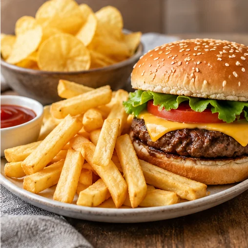 A hamburger served with fries and potato chips