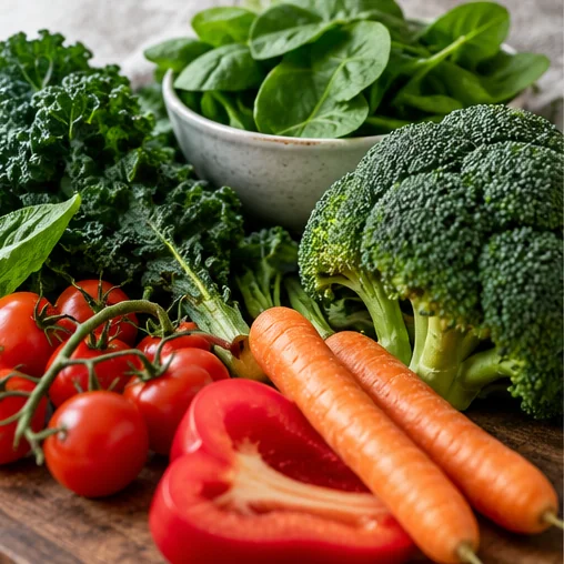 Fresh leafy greens, carrots, tomatoes and broccoli arranged together